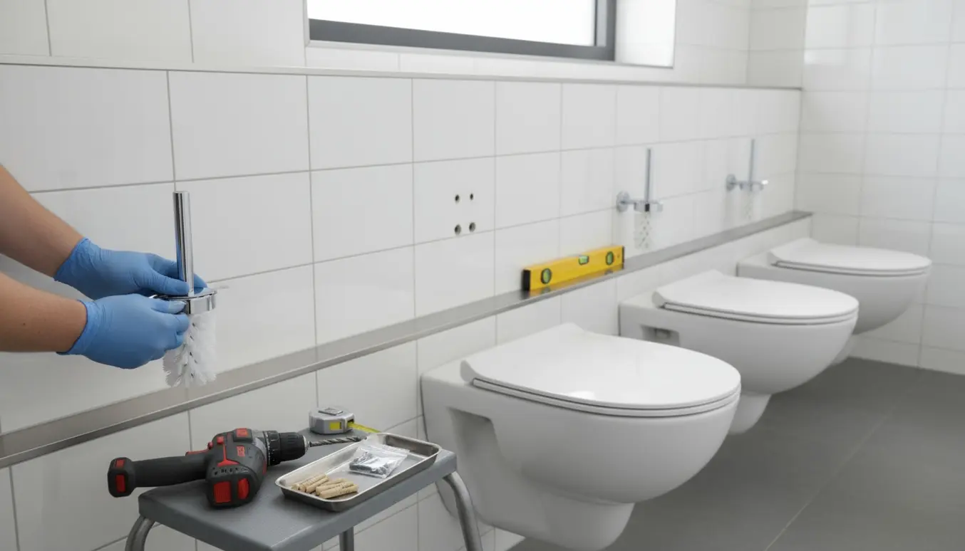 Hænder i handsker skruer en væghængt toiletbørsteholder fast på en flisevæg i et rent toiletmiljø.