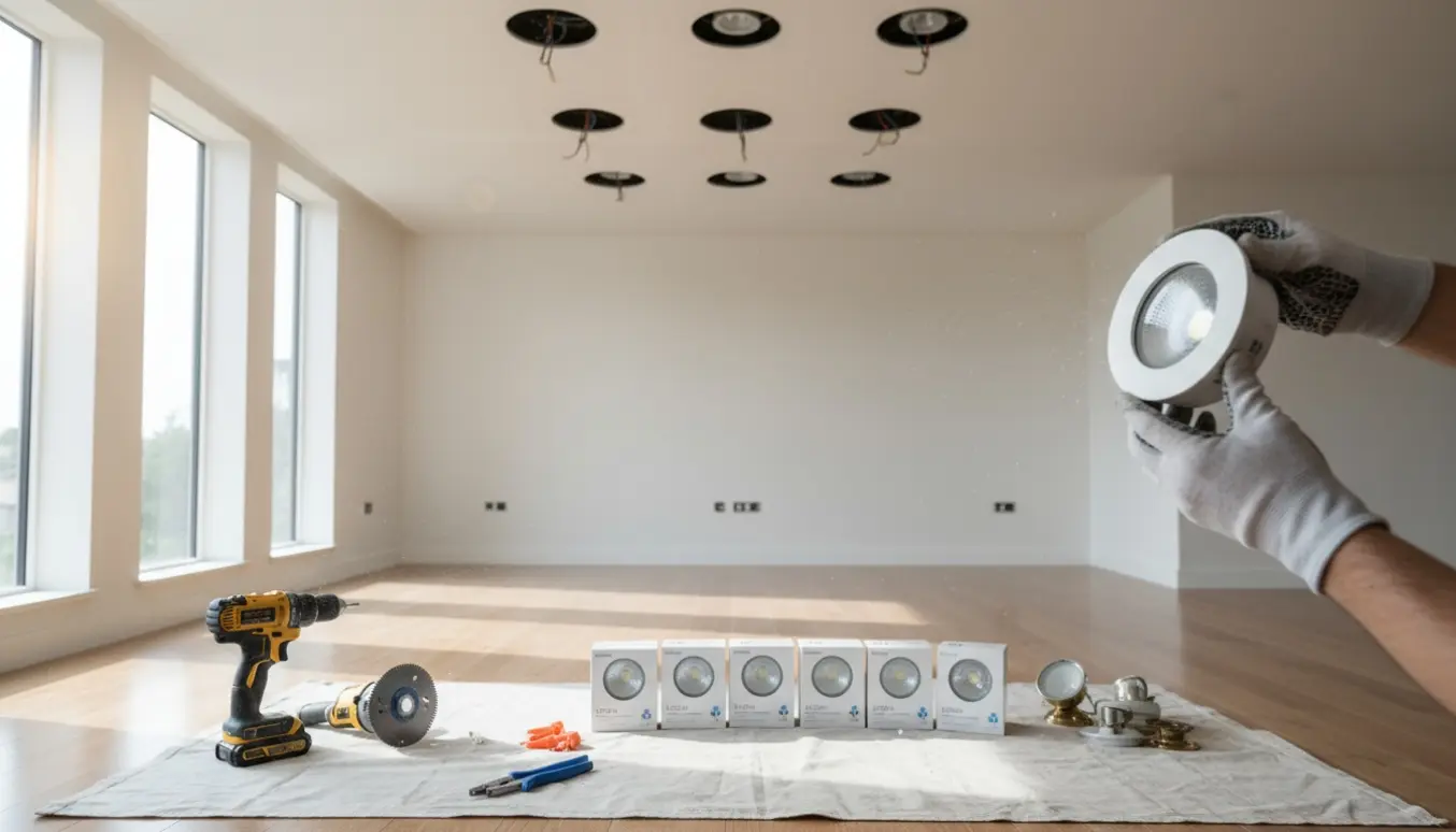 Nærbillede af hænder, der monterer indbygningsspot i loft med værktøj og flere udskårne huller.