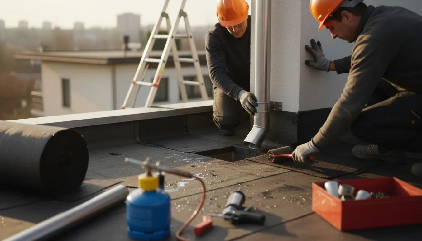 En tagarbejder monterer et nyt nedløbsrør og lægger ekstra tagpap på et fladt tag i husets hjørne.