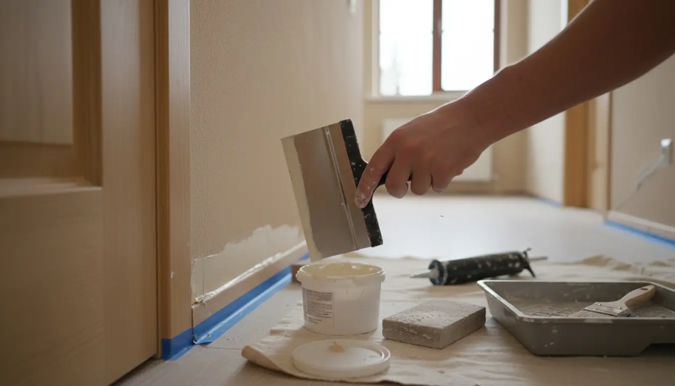 Nærbillede af hænder der spartler overgangen mellem væg og dørkarm, klar til maling.