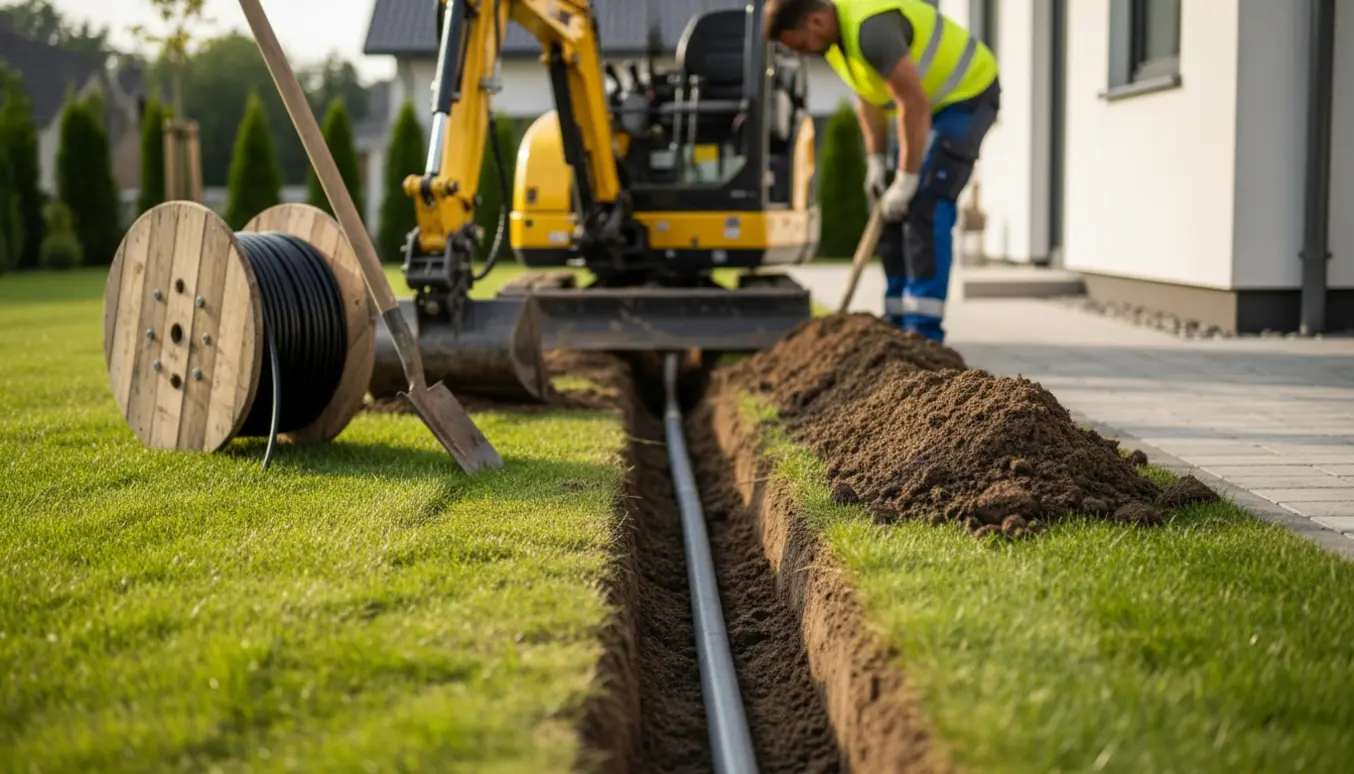 Minigraver graver en ca. 80 cm dyb rende til strømkabel i en parcelhushave med kabelrør og jordbunker.