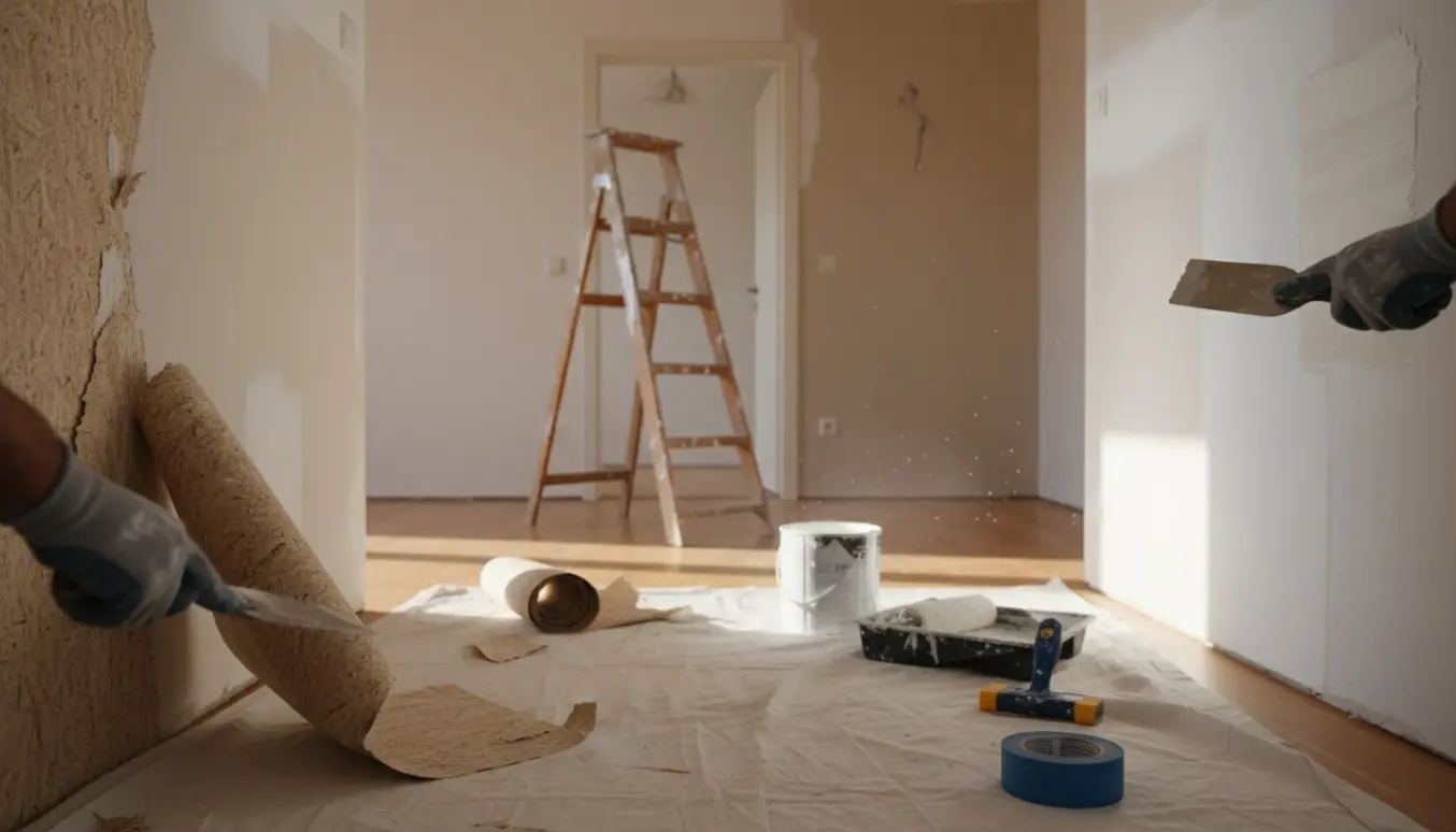 Nærbillede af maler, der fjerner savsmuldstapet og spartler væg i en lys lejlighed.