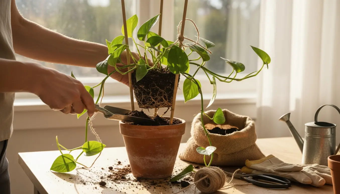 Nærbillede af en stueplante, der bliver omplantet, trimmet og bundet op på bambuspinde.