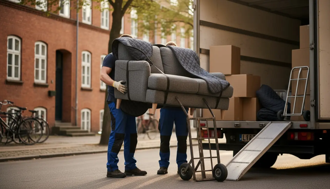 En lille 2-personers sofa bliver båret ind i en flyttevogn i Aarhus, pakket i flyttetæpper.