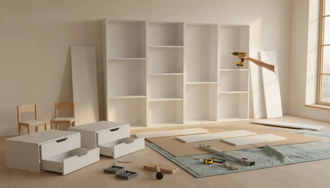 Delvist samlede hvide reoler og møbeldele spredt i et lyst rum med værktøj og hænder i arbejde.