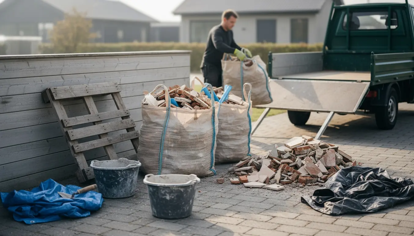 To bigbags og en bunke blandet byggeaffald ved en varebil på en indkørsel, klar til afhentning.