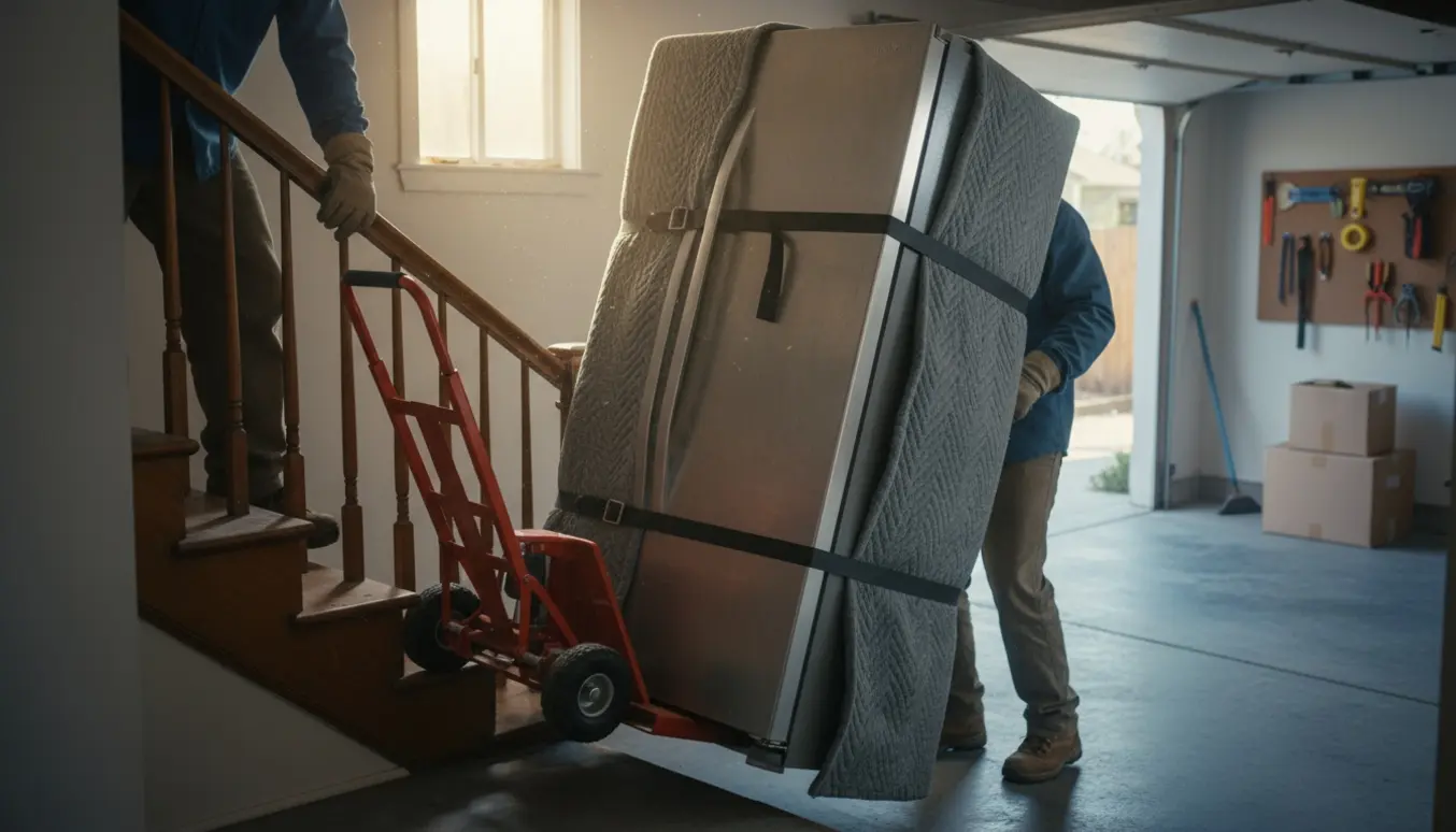 Et køleskab trækkes forsigtigt ned ad en trang bagtrappe mod en åben garage, flyttemænd ses utydeligt.