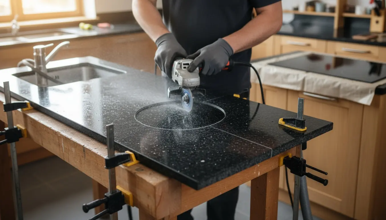 Håndværker udvider et hul i en 30 mm granitbordplade med vådslibemaskine for at montere en større induktionskogeplade.