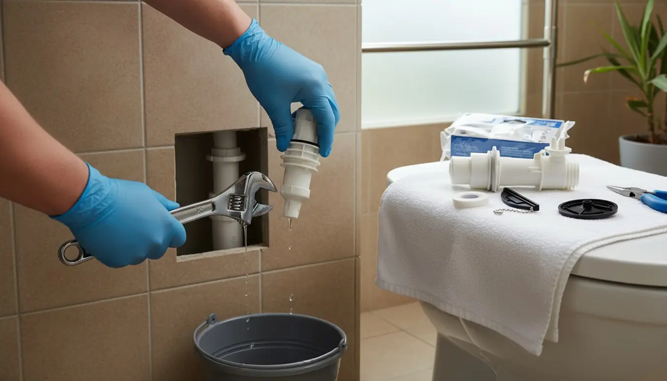 Nærbillede af hænder, der udskifter ventil i en indbygget toiletcisterne gennem et lille adgangshul.