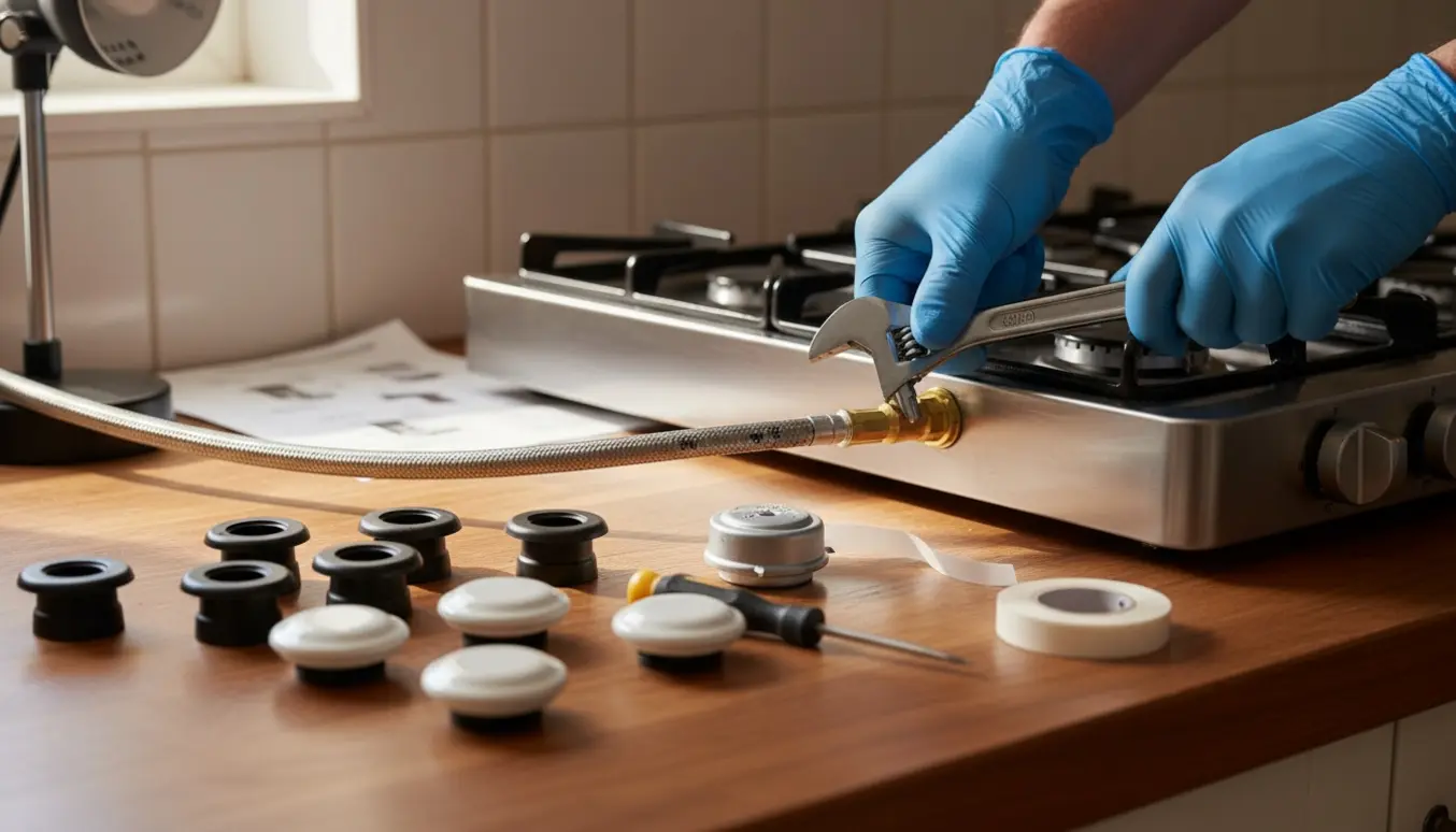 Nærbillede af hænder, der bruger en skruenøgle til at genmontere en gaskomfurslange i et lyst køkken.
