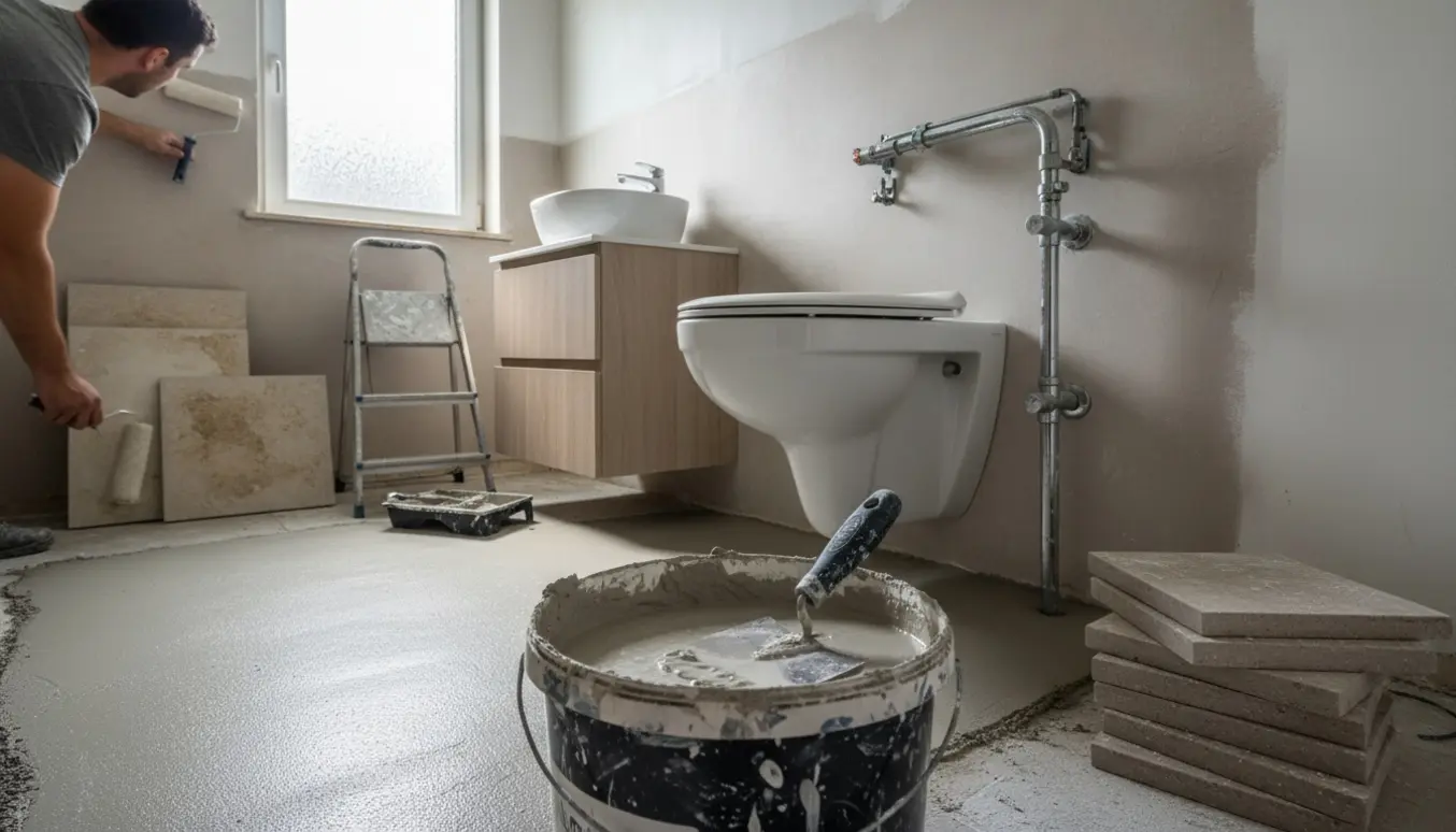 Lille ældre badeværelse under renovering med montering af væghængt toilet, nyt vaskemøbel, microcement på gulvet og fjernet nedsænket loft.