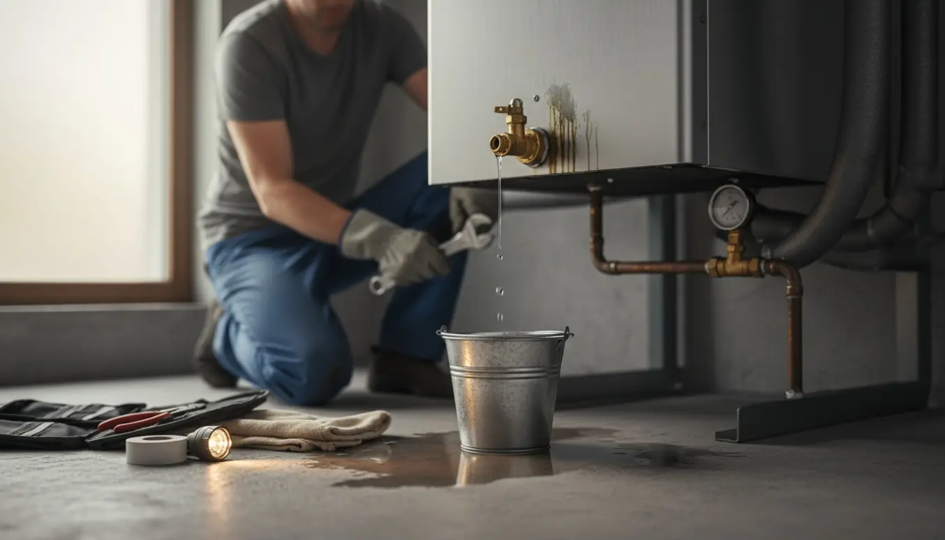 En tekniker inspicerer en dryppende sikkerhedsventil på et pillefyr i et bryggers, mens vandet samles i en spand.