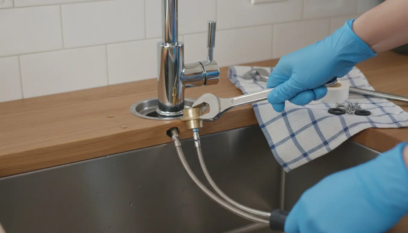 Nærbillede af installation af ny krom køkkenarmatur ved vask med hænder og værktøj, uden synlige ansigter.