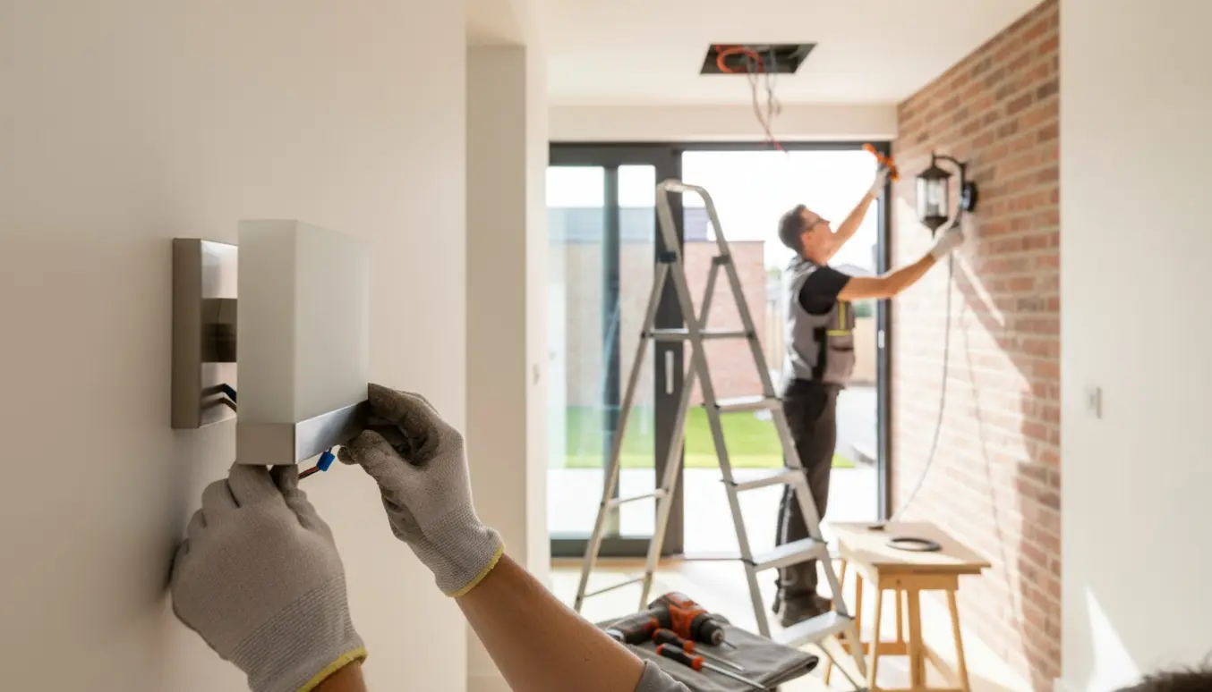 Hænder monterer en moderne væglampe indendørs, mens en elektriker retter et loftudtag og en udendørsvæglampe i baggrunden.