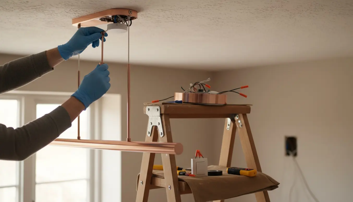 Hænder monterer en ny rose-guld pendel i loftet med værktøj og åben el-kontakt ved væggen.