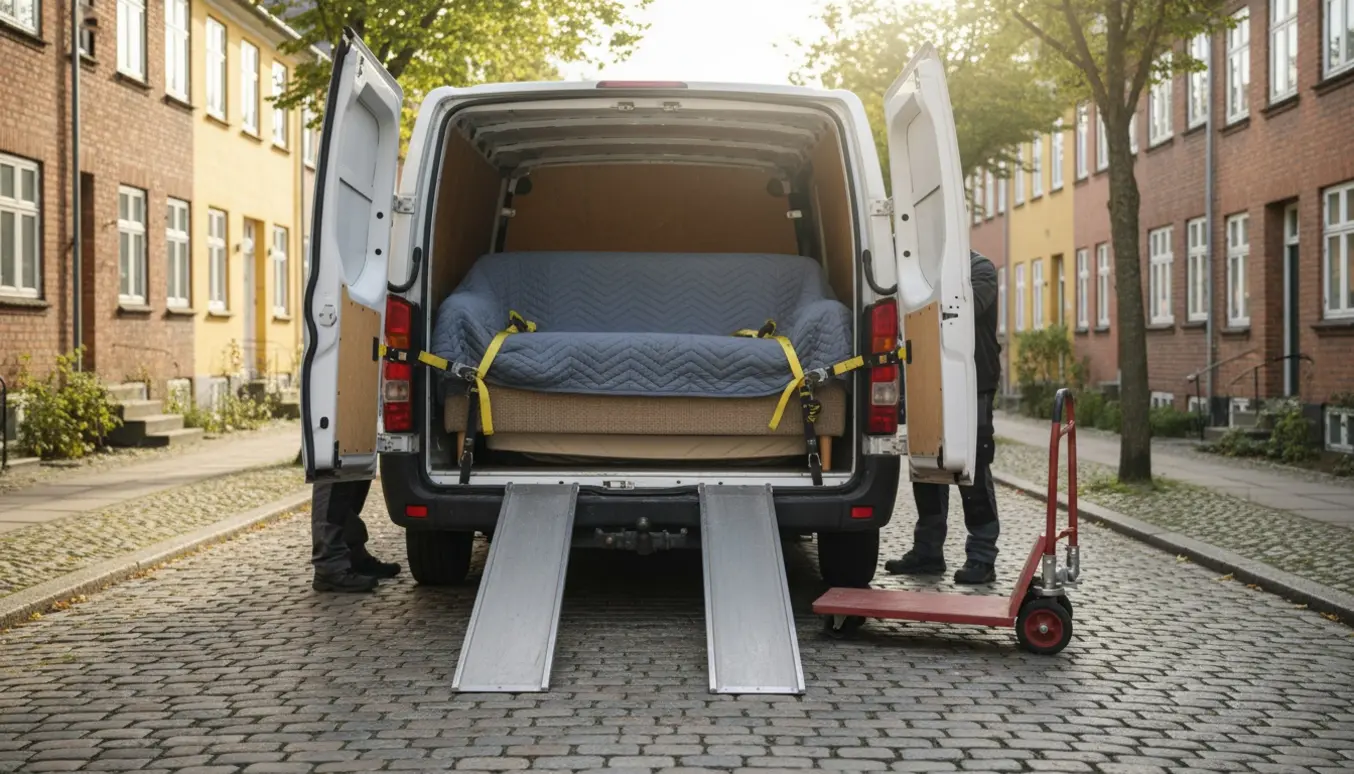 En cirka to meter sofa pakket i flyttetæpper og fastspændt i en varevogn klar til transport.