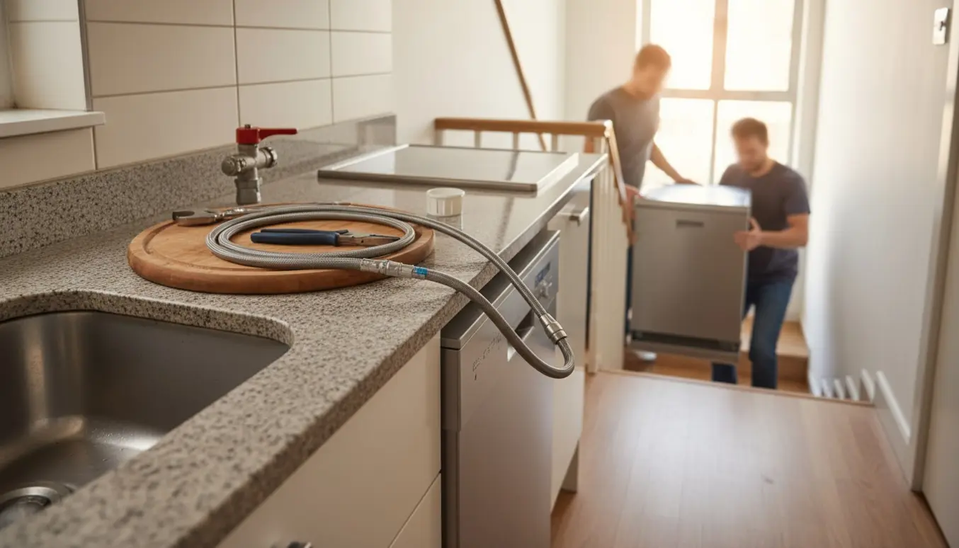 To personer bærer en frakoblet opvaskemaskine ned ad en trappe fra en tredje sal med værktøj og en rød vandafspærringshane ved køkkenvasken.