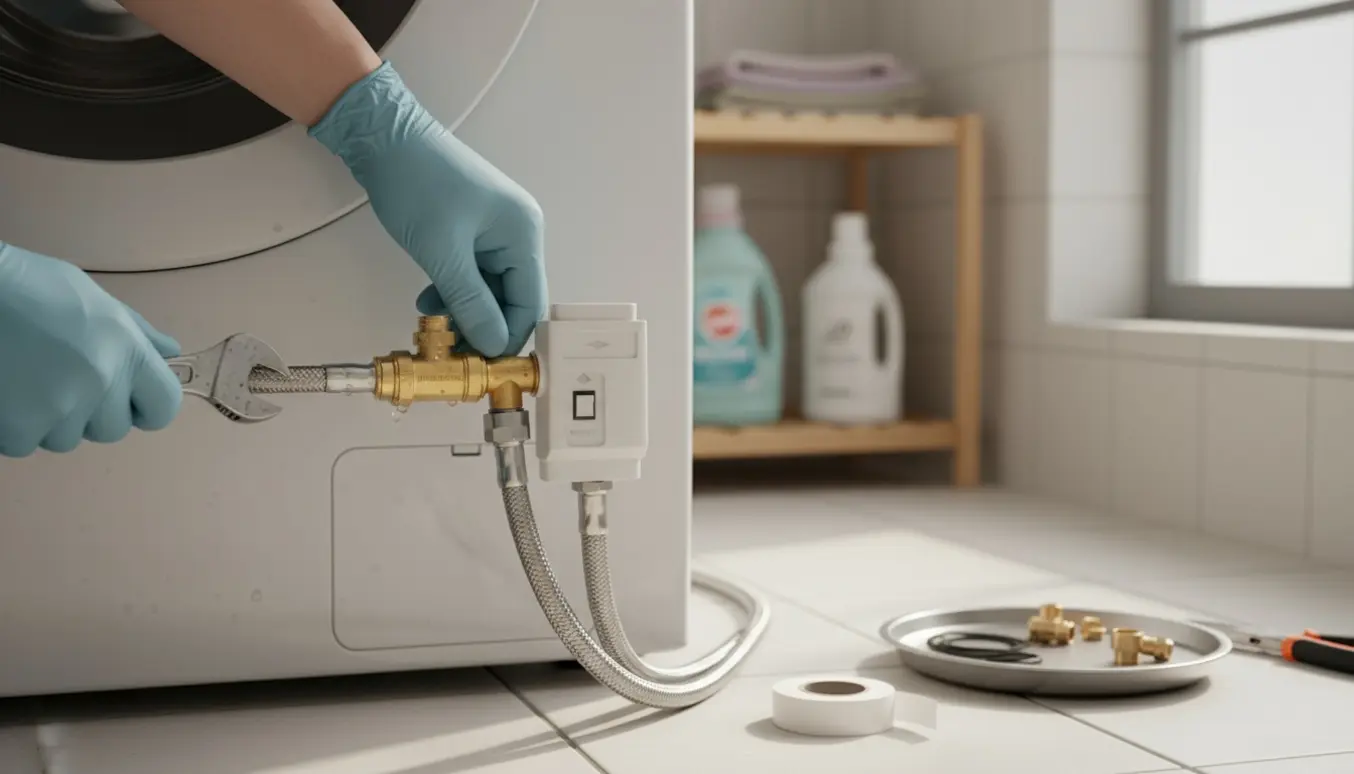 Nærbillede af montering af kontraventil og lodret placeret waterblock på bagsiden af en vaskemaskine.