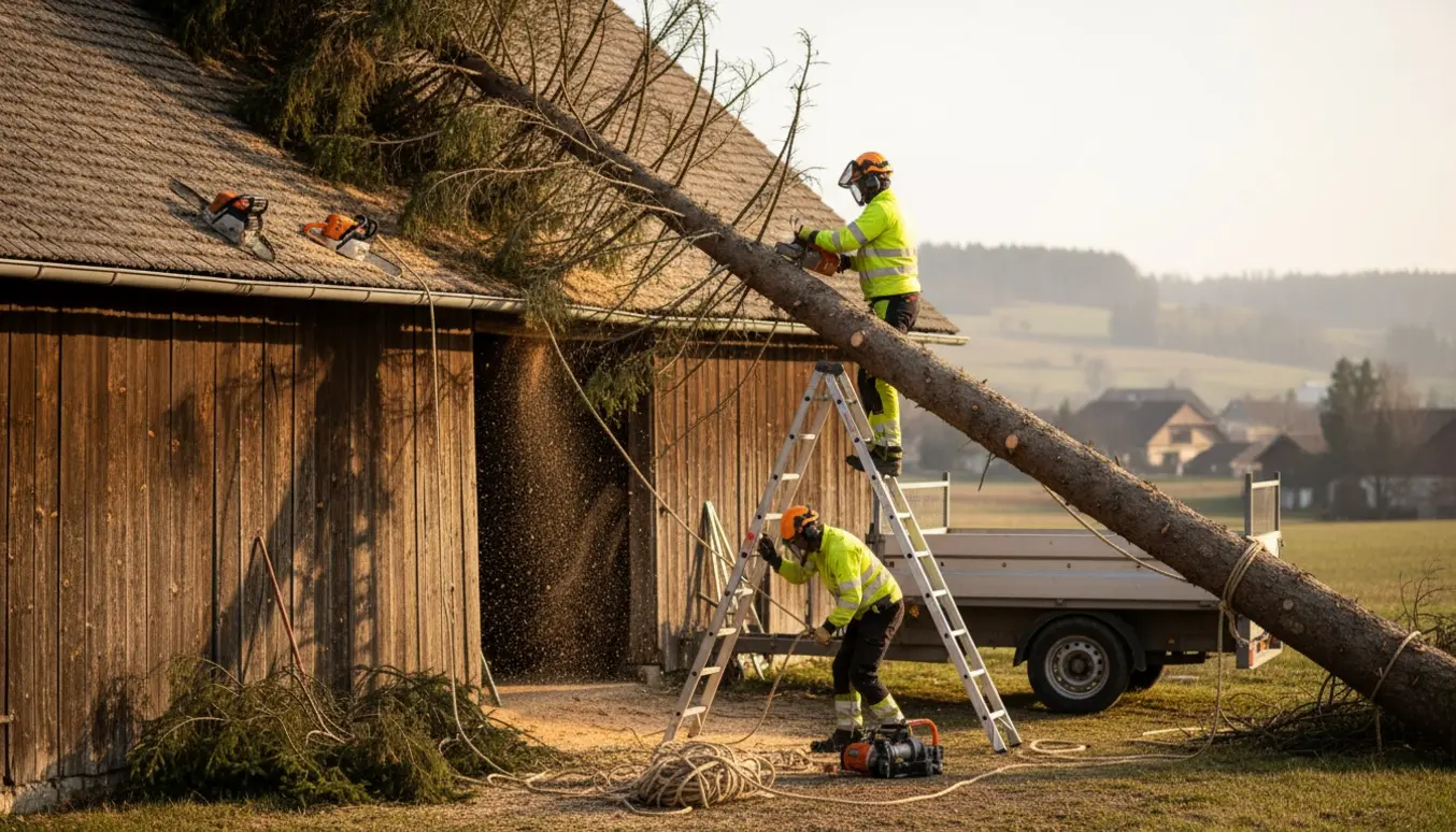 Halvdødt grantræ læner mod en lade, mens arbejdere i sikkerhedsudstyr sikrer og skærer det væk.