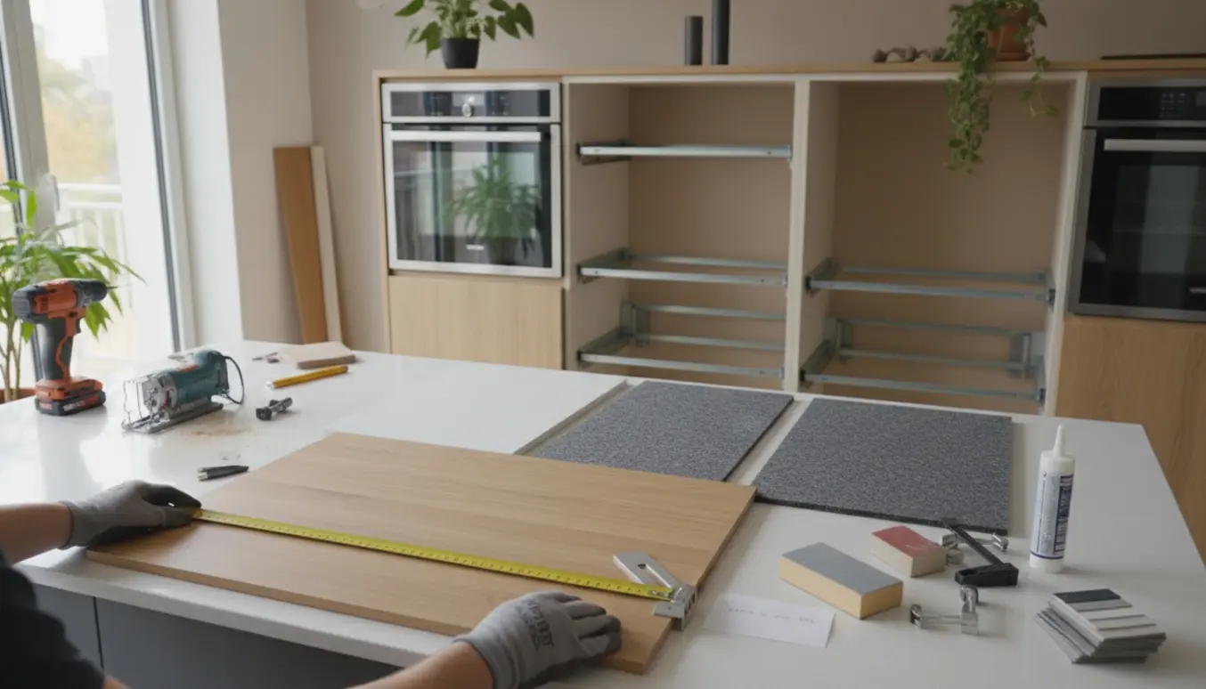 Nærbillede af måling og montering af tre skræddersyede sidestykker i et IKEA-køkken med værktøj og materialer.