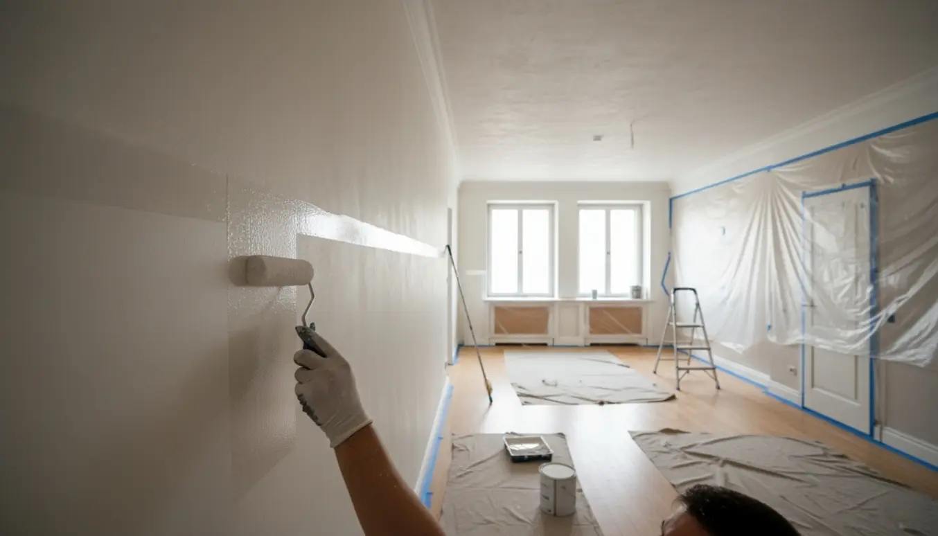 Tom, lys lejlighed hvor en maler ruller et enkelt lag hvid maling på en væg med afdækning og værktøj på gulvet.