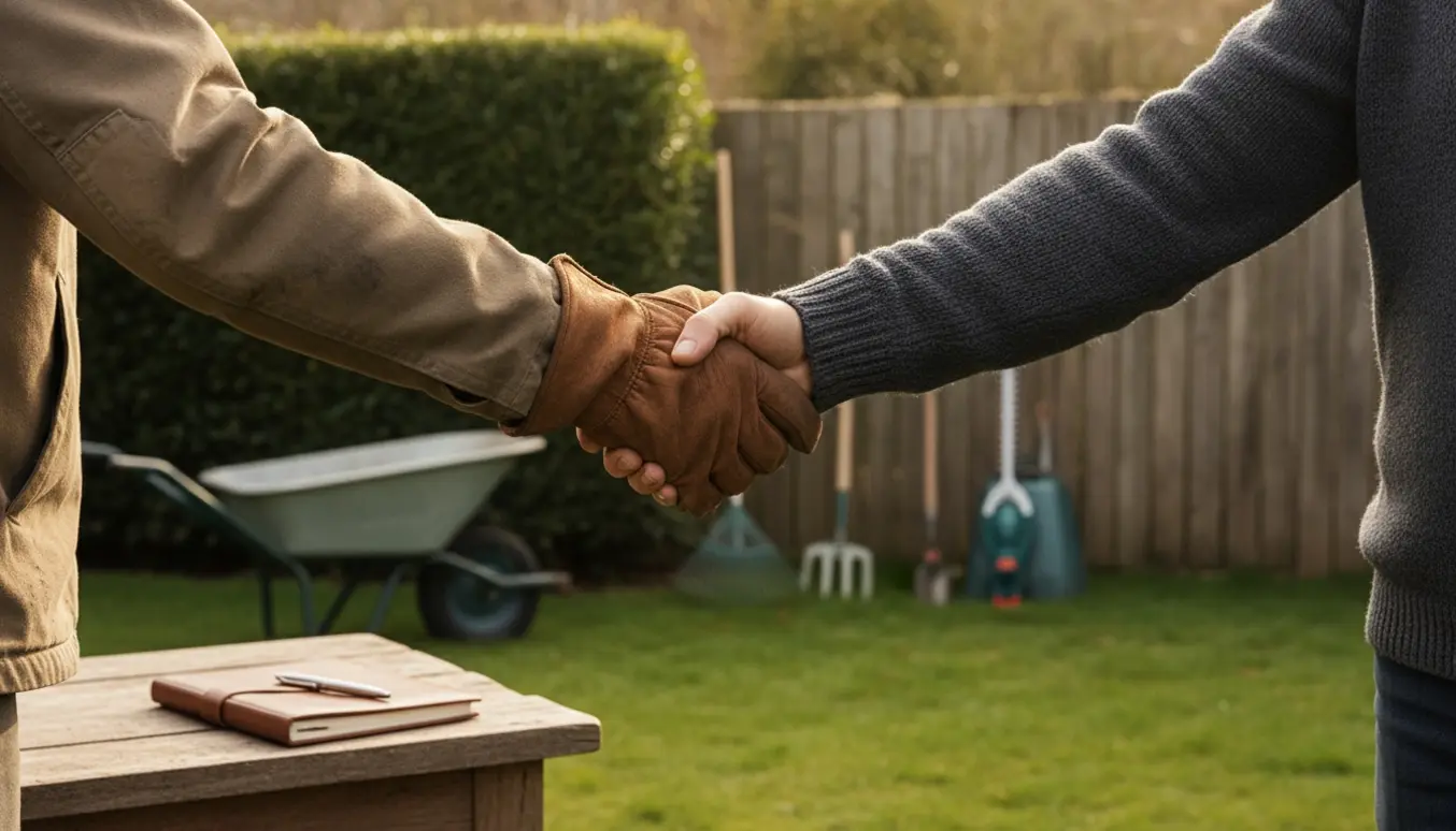 To personer håndtrykker i en solrig have foran haveredskaber, der symboliserer en fast aftale om havehjælp.