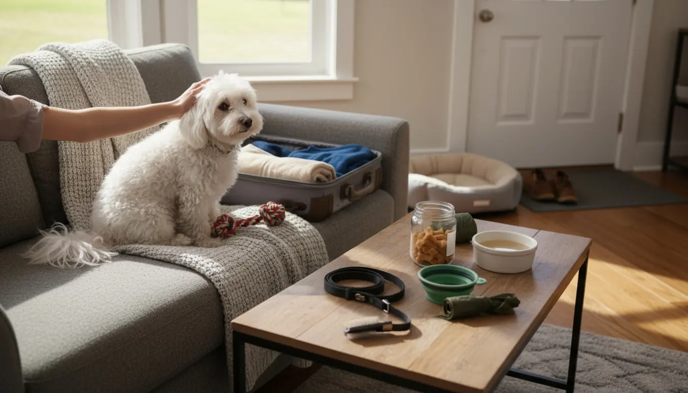 En lille fluffy hund bliver kælet for i en hyggelig stue, mens en hundepasser pakker taske og forbereder snor og skål.