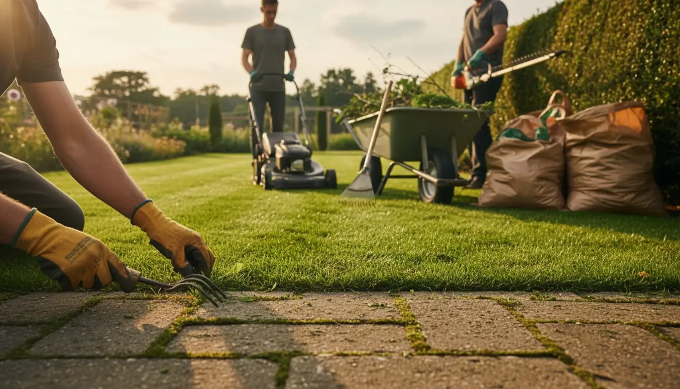 Havearbejde med plæneklipning, lugning mellem fliser og toptrimning af hæk, mens haveaffald samles.