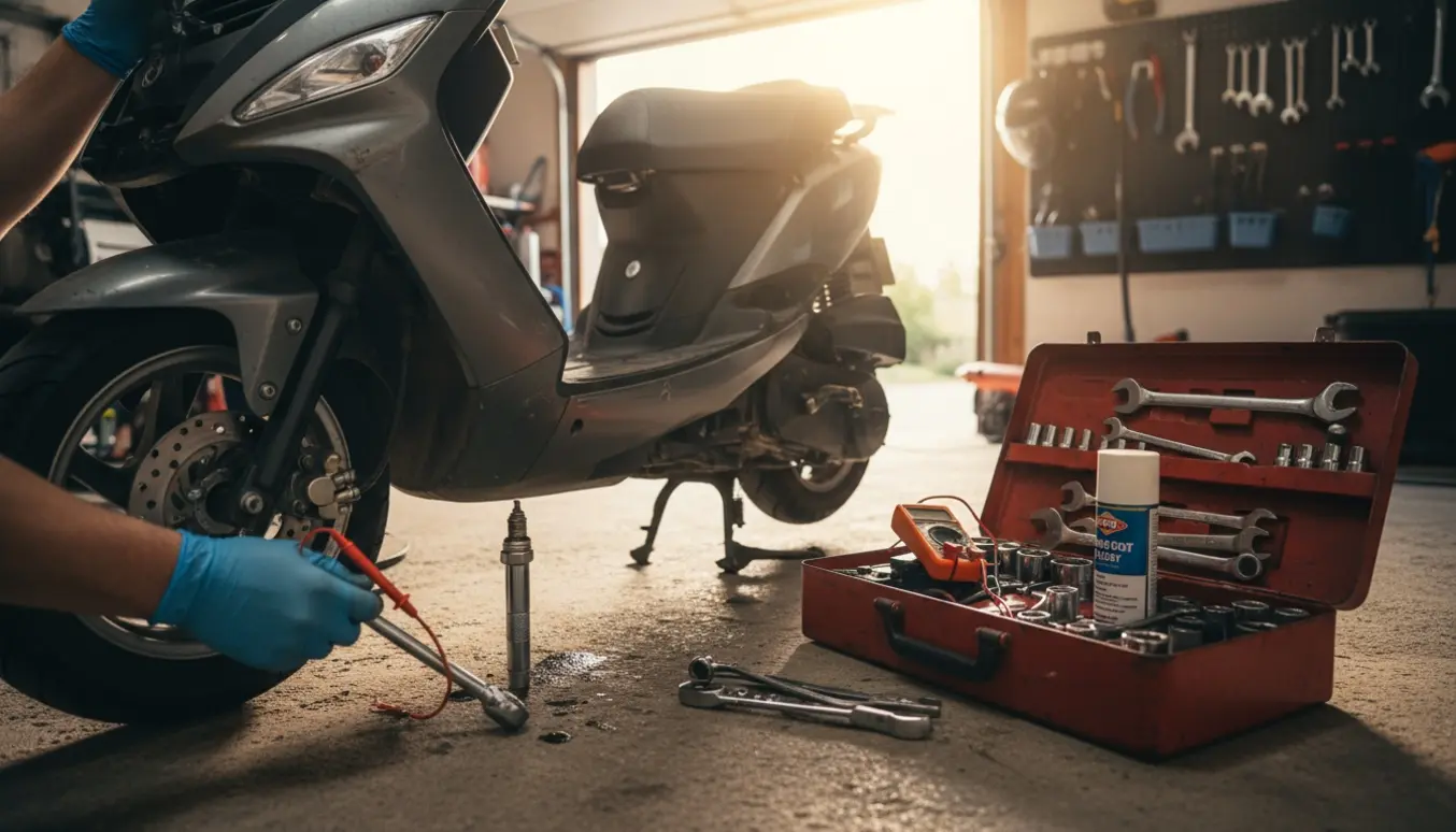 Nærbillede af hænder, der tjekker tændrør og batteri i en scooter med åbent sidepanel i en soloplyst garage.