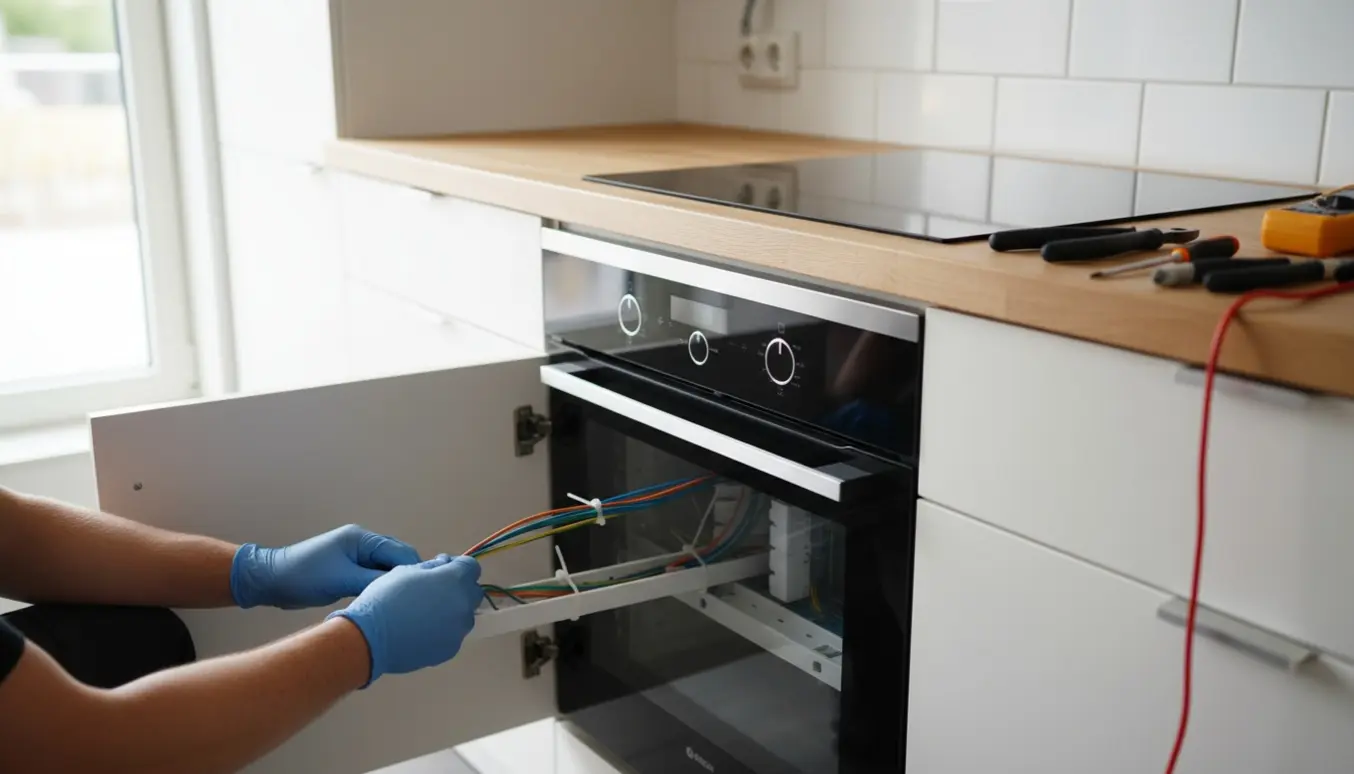 Elektriker organiserer pænt elkabler til indbygget ovn, komfur og emhætte i et lyst skandinavisk køkken.