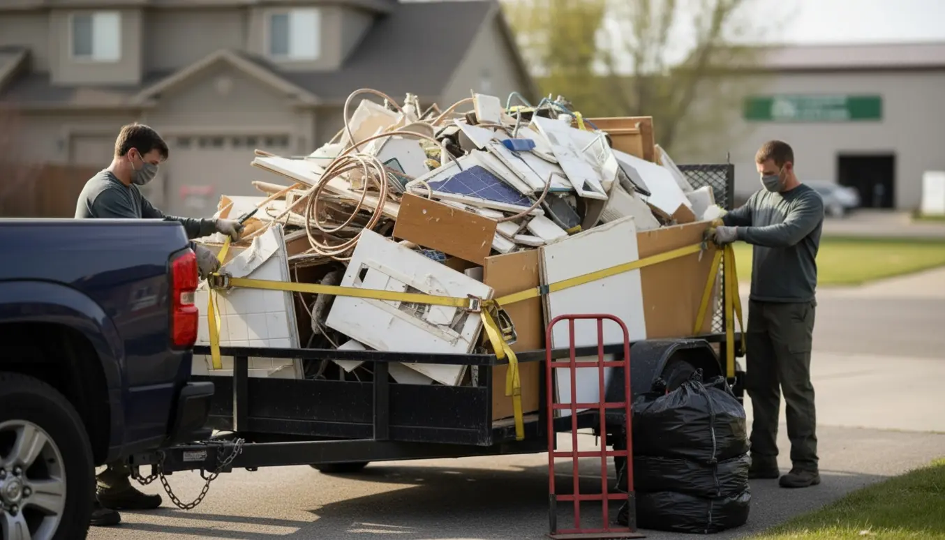 Trailer fyldt med byggeaffald ved indkørsel, klar til afhentning til genbrugspladsen.