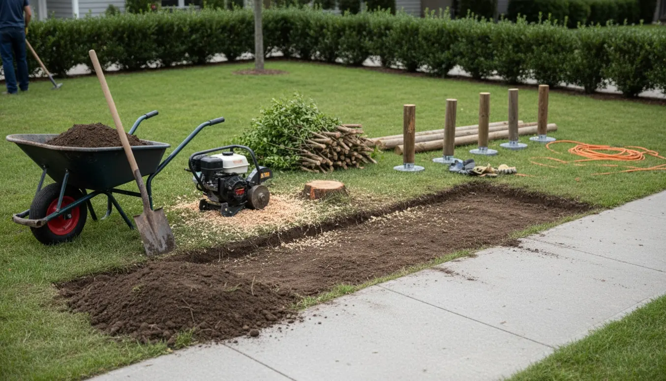 Rydet haveområde ved fortov med opgravet jord, fældet træstump, stakke af hækklip og værktøj.