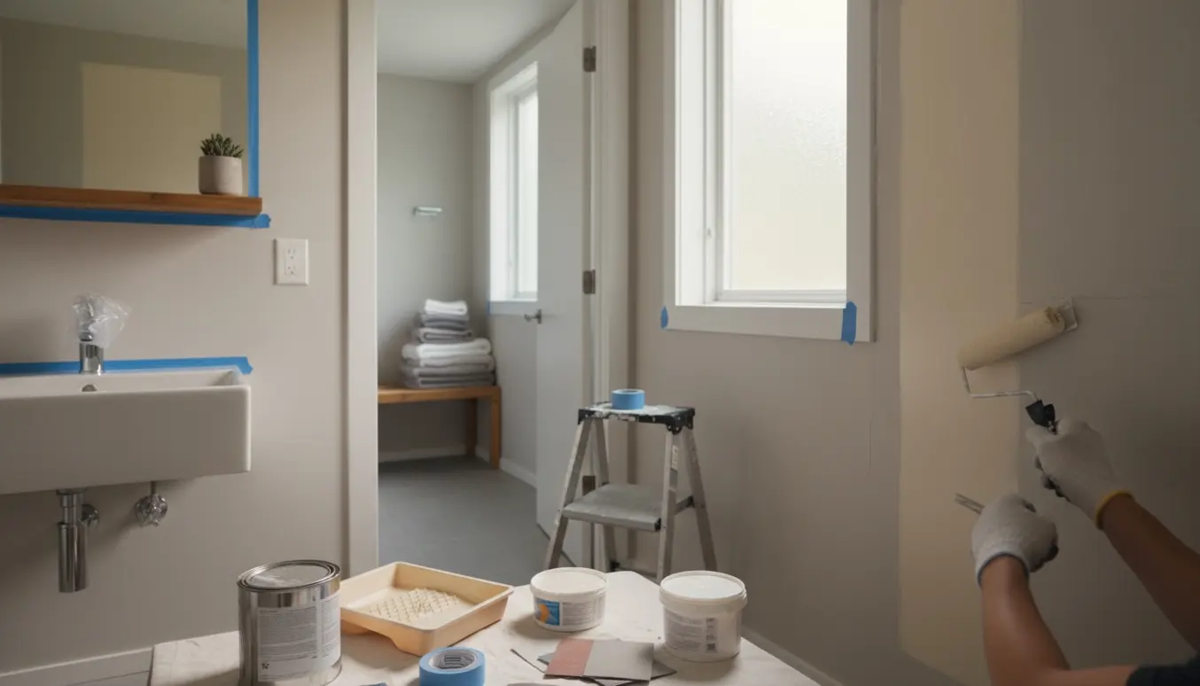 Nærbillede af malerarbejde i et badeværelse med rulle, spartel og malerbøtter.