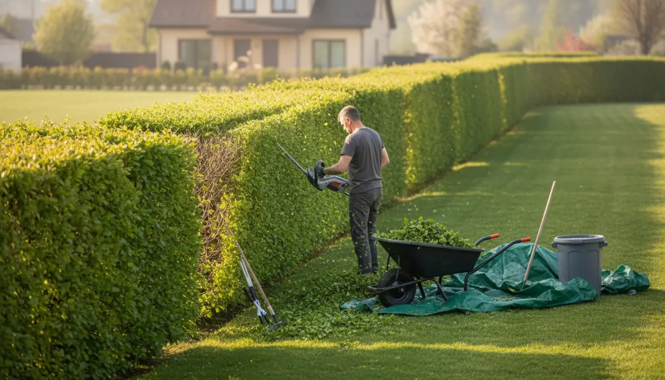 En person trimmer en forårsbøgehæk langs en ejendom med elektrisk hækkeklipper og opsamlede afklip i trillebør.