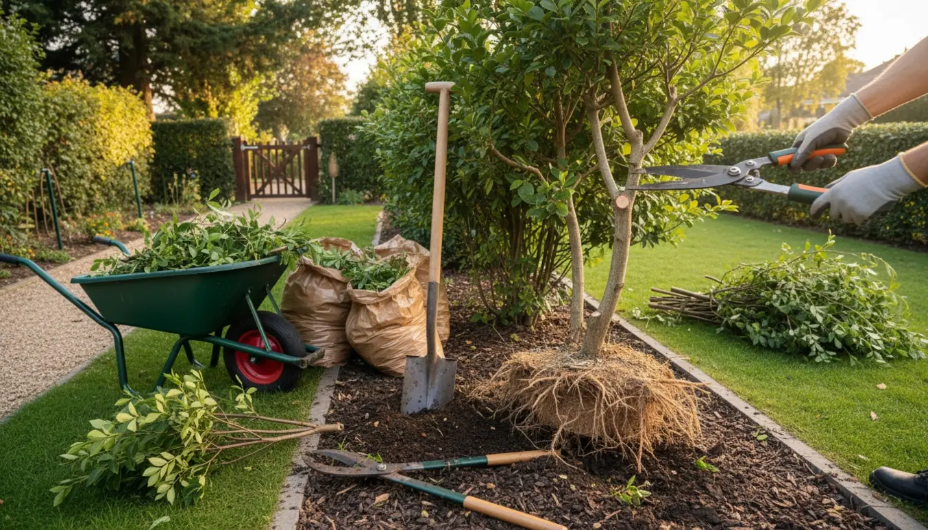 Beskæring og opgravning af buske med grensaks, skovl og trillebør, affald i poser ved siden af.