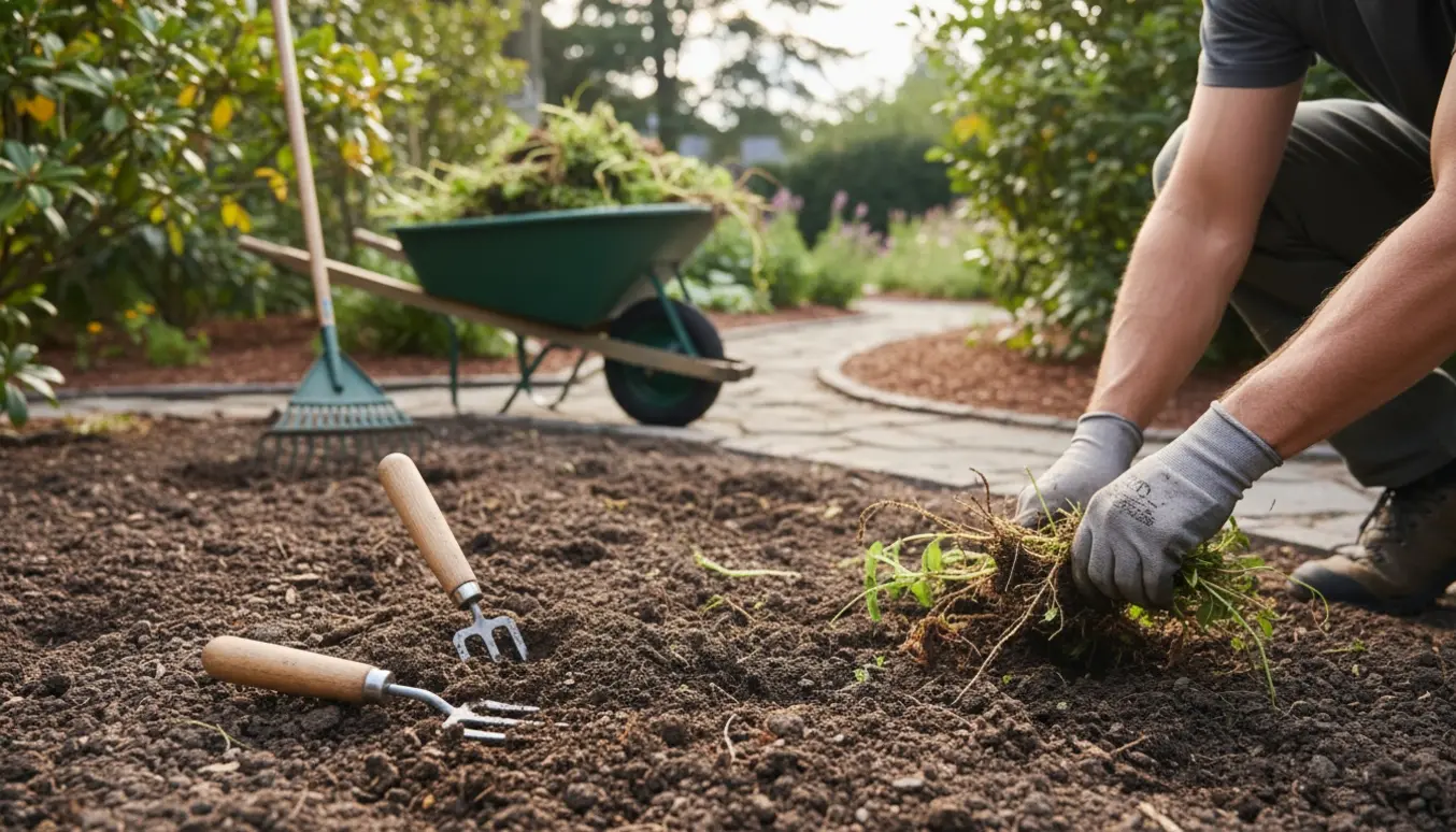 Hænder i handsker luge ukrudt under buske i en solbelyst, velplejet have med værktøj og trillebør.
