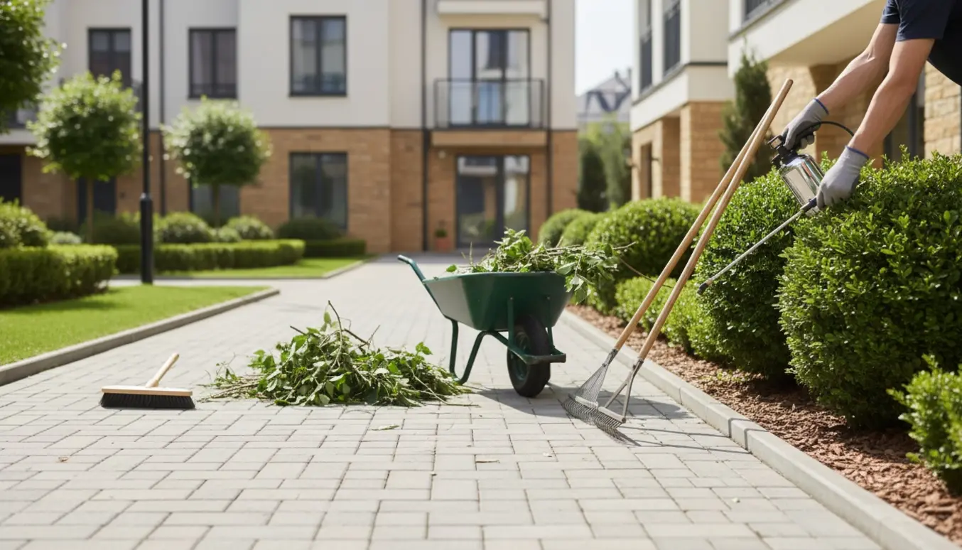 Gårdsplads med nyklippede buske, bunker af afklippede grene, redskaber og en person sprøjtende ukrudt med ansigt væk fra kameraet.