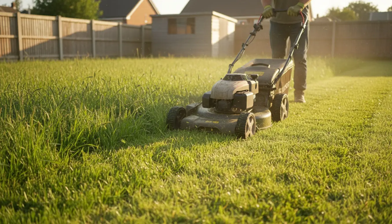 Gåplæneklipper fjerner højt græs på en 18 × 12 m plæne med tydelig forskel mellem utrimmet og nyslået græs.