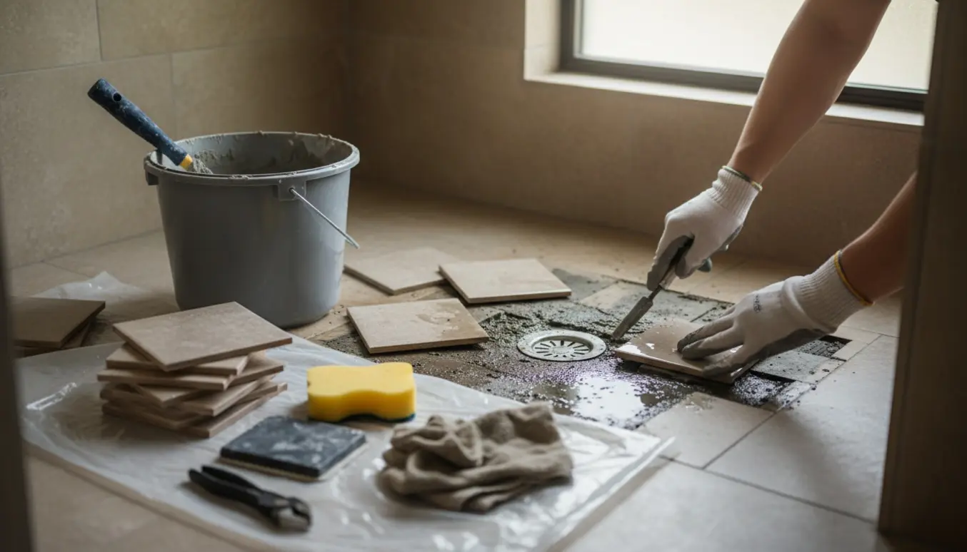 Fjernede fliser ved afløb i et vådt badeværelse med værktøj klar til udskiftning.