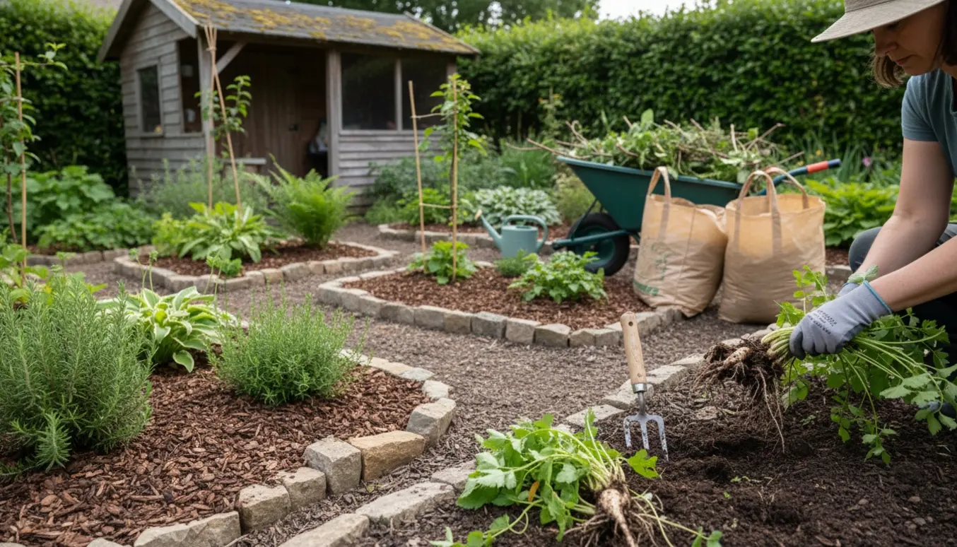 Nærbillede af handskerede hænder, der fjerner skvalderkål fra flere pæne bede med poser og trillebør til grønt affald.