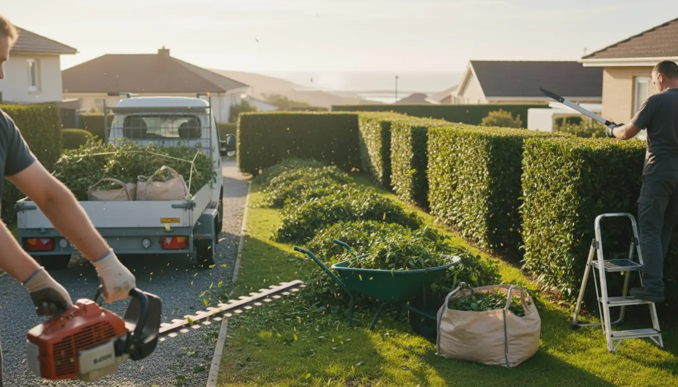 Professionelle trimmer en lang hæk og samler afklip i trillebør og trailer klar til bortkørsel.