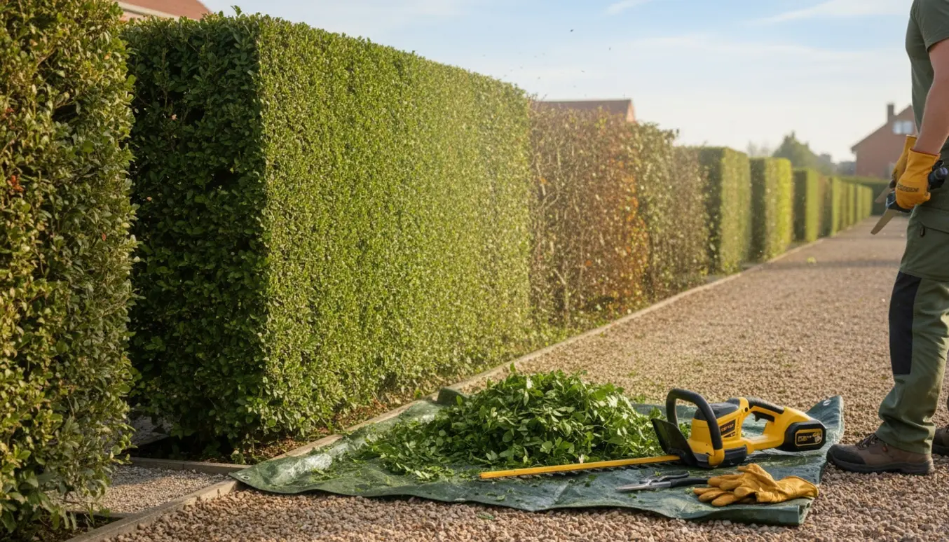 Person trimmer en skulderhøj ligusterhæk langs en sti med friske klip og værktøj i forgrunden.