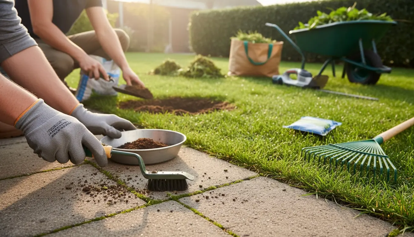 Hænder renser fuger mellem fliser og fylder et hundegrab i græsplænen med haveredskaber og trillebør i baggrunden.