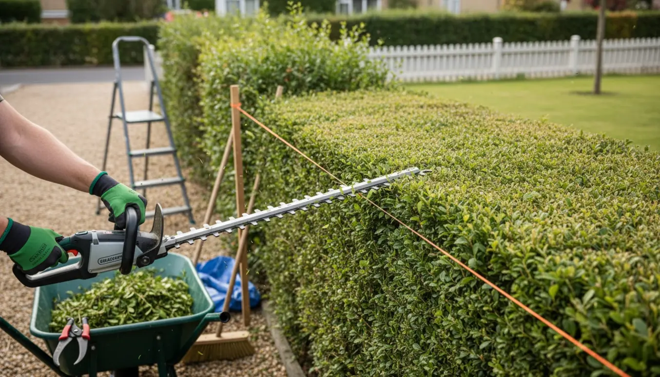 Nærbillede af hækkeklipper ved at forme en lang ligusterhæk til en pæn, lav top.