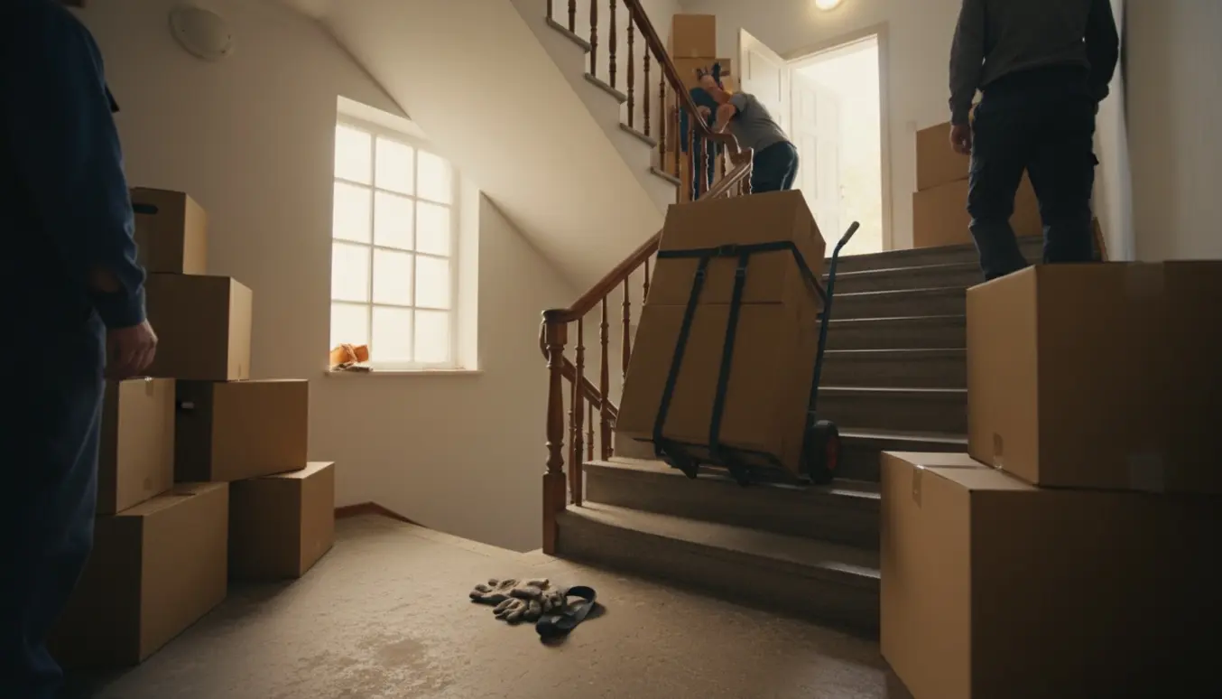 Flyttekasser trækkes op ad en opgangstrappe mod et åbent loftsrum på femte sal, uden tydelige ansigter.