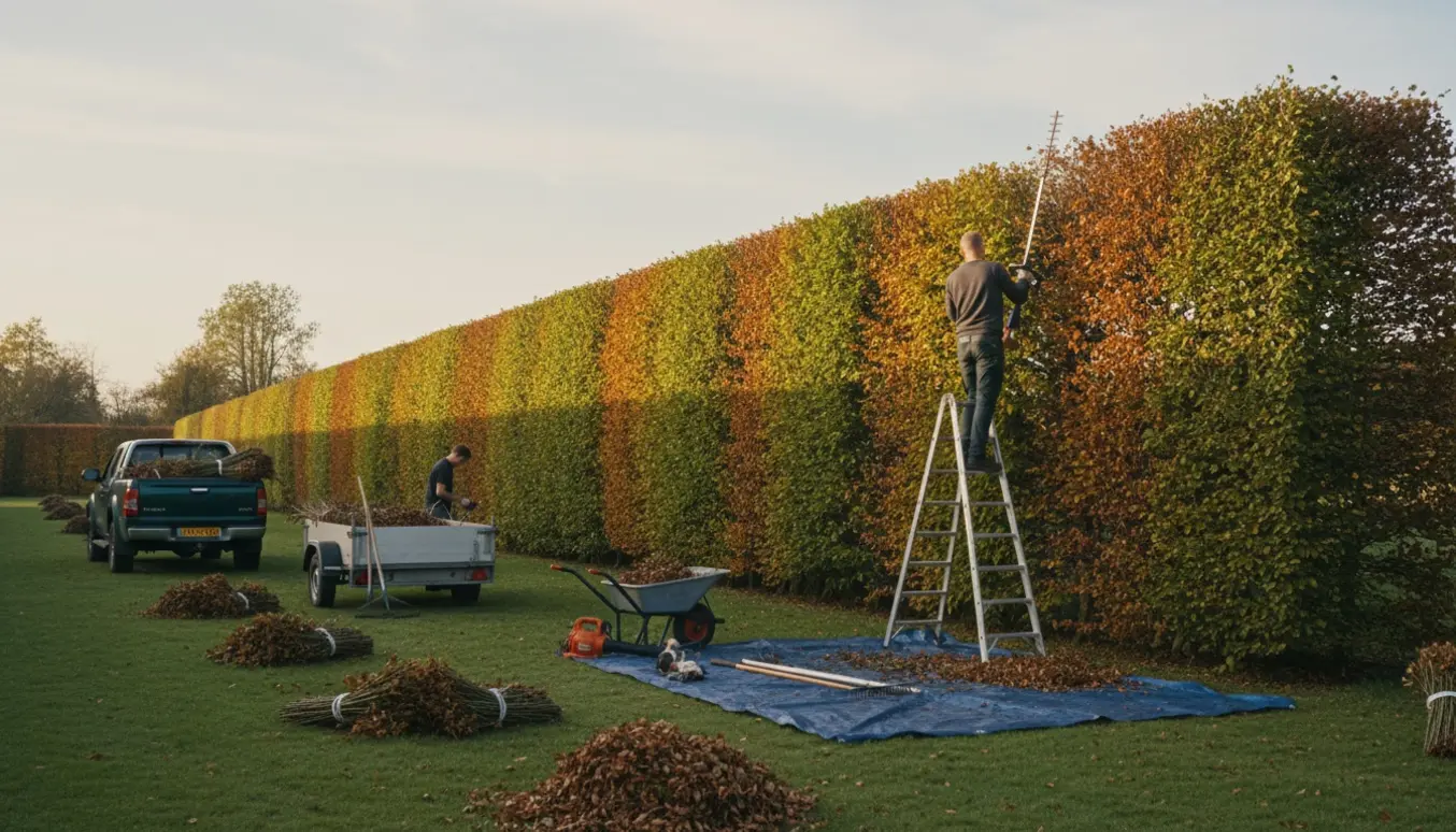 Lang, nytrimmet bøgehæk med arbejdere set bagfra og opsamlede afklip på presenning og trailer klar til afhentning.