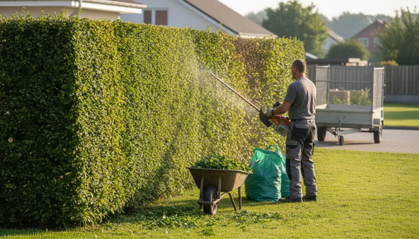 Lang bøgehæk under beskæring med trillebør og fyldte poser til klippeaffald.
