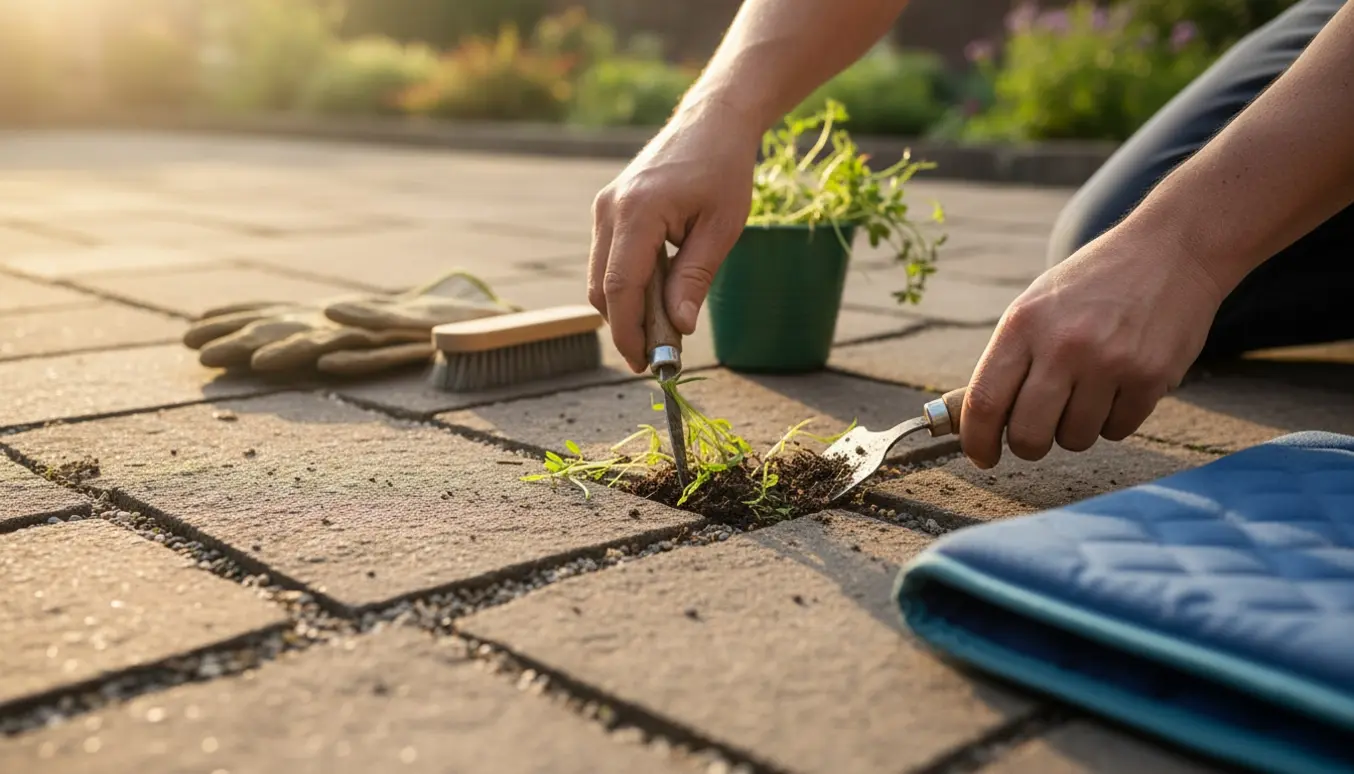 Nærbillede af hænder, der fjerner ukrudt mellem fliser på en solbelyst terrasse.