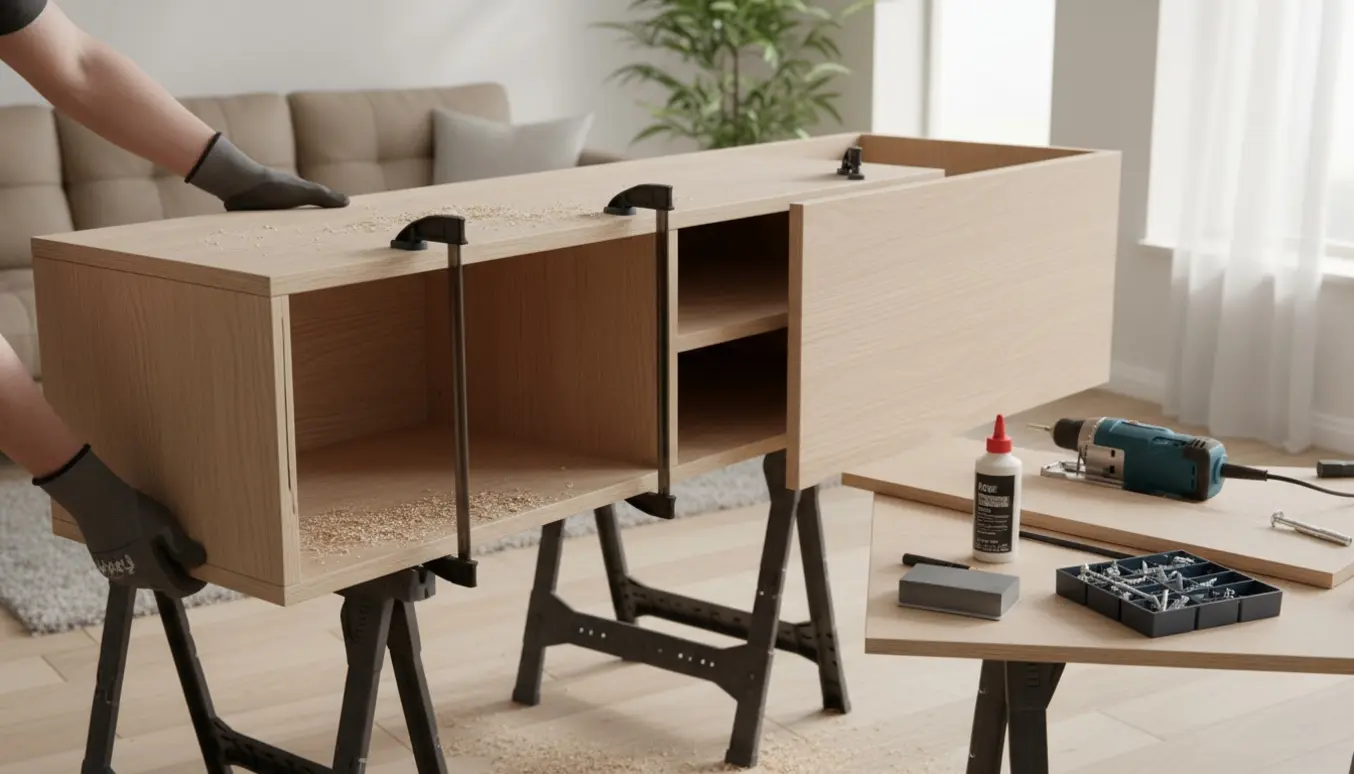 Fladpakket TV-bord i skandinavisk stil bliver forkortet med værktøj og savsmuld i en lys stue.