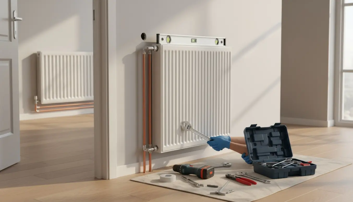 Hvidt væghængt varmeapparat under installation med handskerede hænder, fittings og synlige kobberrør.